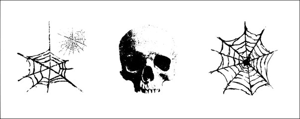 Grunge black and white skull and spider webs illustration set for halloween decor