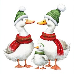 Cute Duck Family in Christmas Hats and Scarves, Watercolor Clipart on White Background