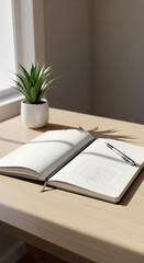 Minimalist Workspace with Open Journal, Pen, and Potted Plant on Desk