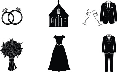 Wedding icons set with rings, dress, tuxedo, church, bouquet, and champagne glasses for invitation, planning, ceremony, and celebration designs.