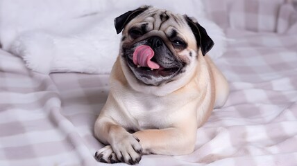 Obraz premium Happy pug lying on blanket with tongue out, funny playful pet dog close‑up