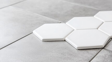 A close-up view of a white hexagonal tile on a gray tiled floor.