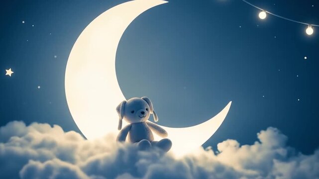 Teddy bear on clouds under crescent moon at night, suitable for childrens bedtime stories.