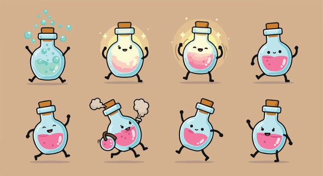 Whimsical animated magic potion bottles, a charming collection radiating playful expressions, ideal for enchanting Halloween themes and delightful fantasy designs