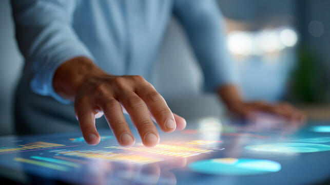 A futuristic control desk glows with interactive analytics tools holographic dashboards projecting radiant charts into the air. The atmosphere conveys precision empowerment and