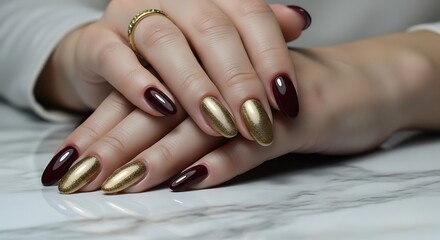 Elegant Hands with a Luxurious Burgundy and Metallic Gold Chrome Manicure on Marble.