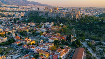 Aerial view around the capitol city Athens and the acropolis in Greece on an early sunny morning in fall.