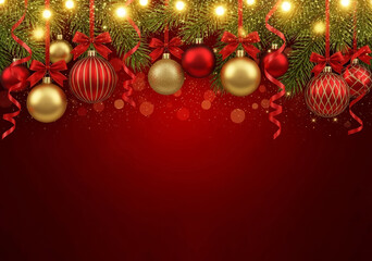 Christmas ornaments and lights hanging from a pine branch on a festive red background decoration