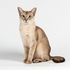 Elegant Burmese Cat with Striking Green Eyes Sits in Studio