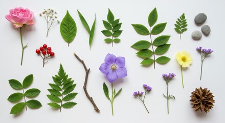 Botanical Collection with Flowers Leaves and Stones on White Background