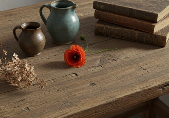 Rustic Still Life with Antique Books Pitchers and a Poppy