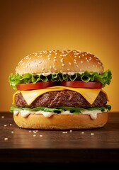 Delicious Cheeseburger with Fresh Ingredients on Wooden Surface