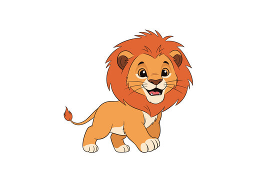 Cute cartoon lion king cub walking with a happy expression and fluffy mane