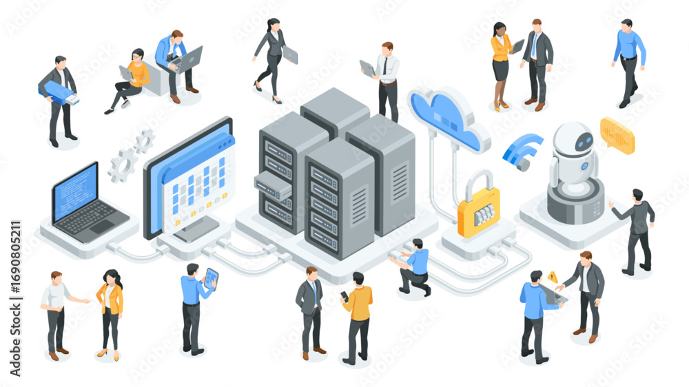 Aufkleber isometric vector data center with server and computer and business people and robot, in color on whi