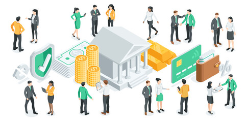 isometric vector concept business people and bank building with money and gold bars, in color on white background, banking and financing for business