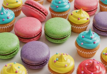 Colorful macarons and cupcakes create a delightful dessert arrangement.