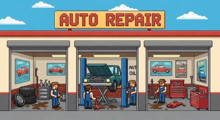 A charming pixel art illustration showcasing an auto repair shop with mechanics working on cars, tires, and tools in a garage setting