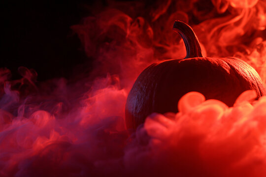Enigmatic Pumpkin Silhouette Surrounded by Dramatic Crimson Smoke on a Dark and Mysterious Background