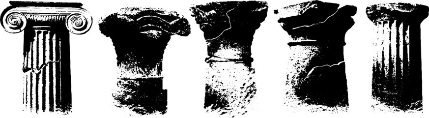 Grunge black and white ancient columns with cracked distress texture for vintage design
