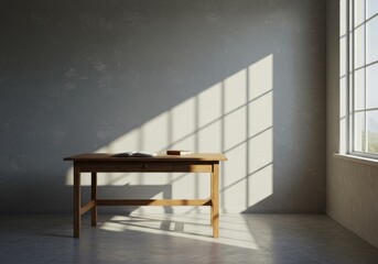 Sunlit wooden desk with open book and serene wall backdrop