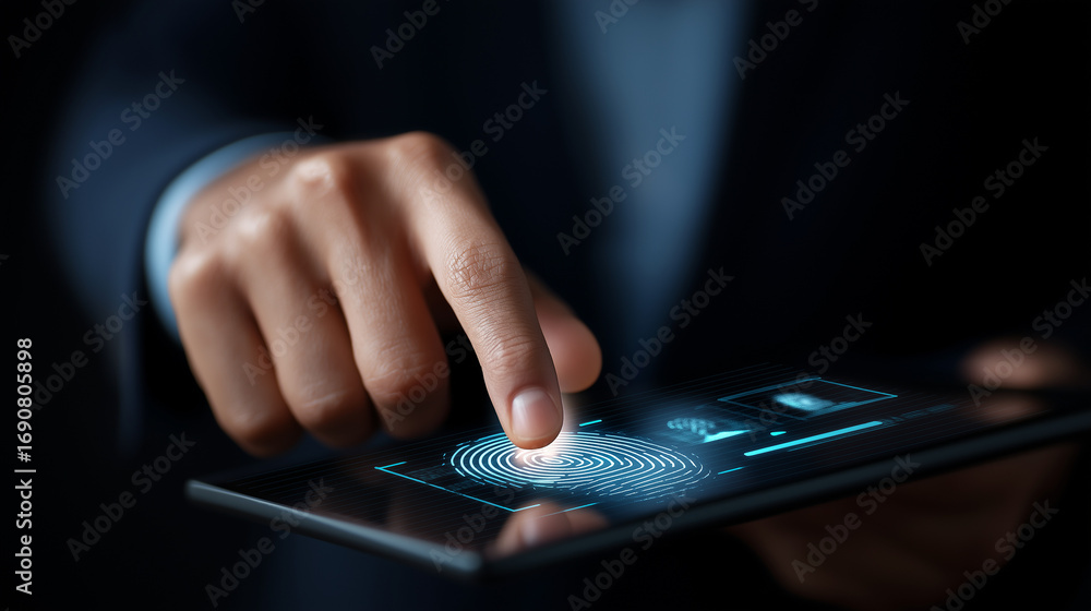 Aufkleber a biometric security dashboard glows with luminous fingerprint and facial recognition icons. digital