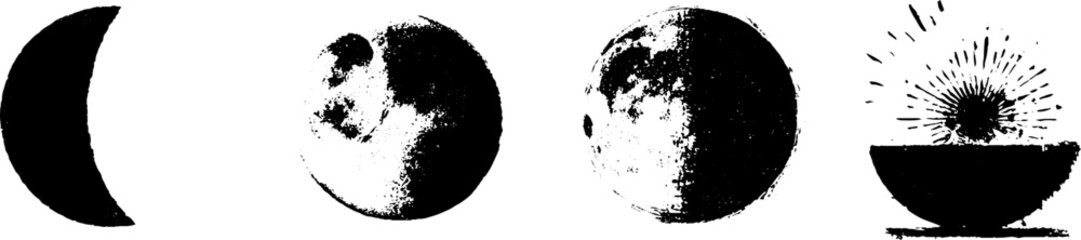 Phases of the moon grunge black and white illustrations for artistic designs