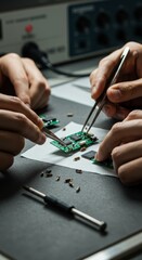 Technicians Repairing Circuit Board with Precision Tools