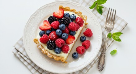 Berry Tart with Fresh Fruit and Mint on a Plate