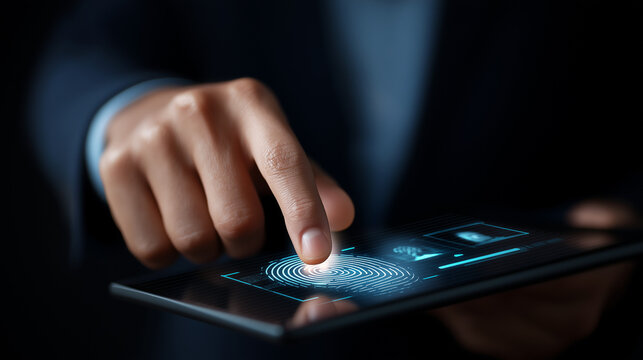 A biometric security dashboard glows with luminous fingerprint and facial recognition icons. Digital grids lock into place as the system activates atmosphere of trust safety and