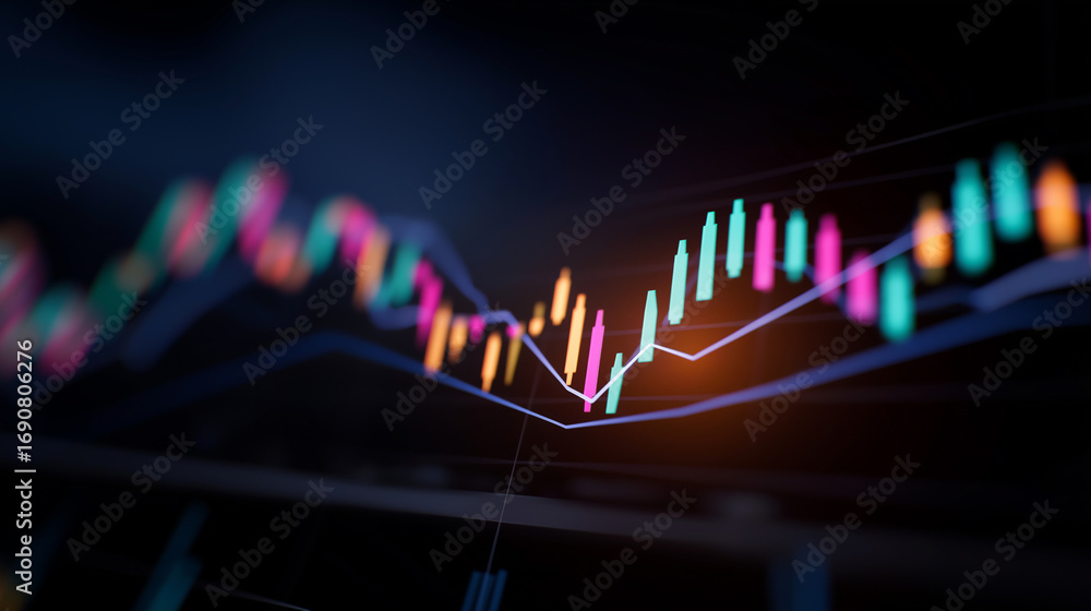 Aufkleber a luminous digital dashboard glows with shifting market trend lines candlestick patterns and neon co