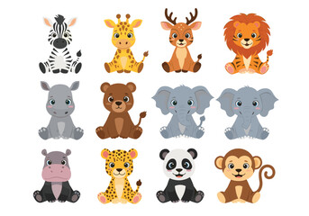 Cute cartoon safari animals collection vector illustration art style