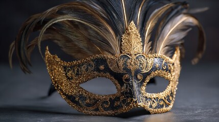 Elegant Venetian Mask: Black & Gold Glitter Feather Masquerade