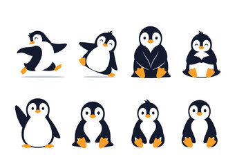 Collection of cute cartoon penguins in various poses and activities