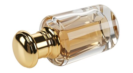 Elegant perfume bottle with golden cap, lying on its side.
