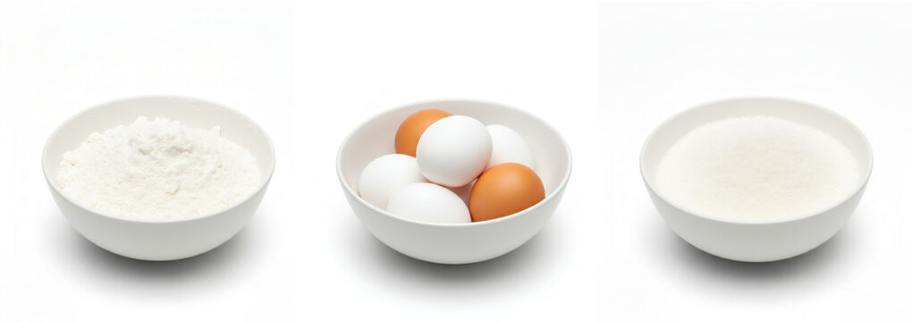 Ingredientes para preparar um bolo, uma tigela de farinha de trigo, ovos e a&ccedil;&uacute;car 