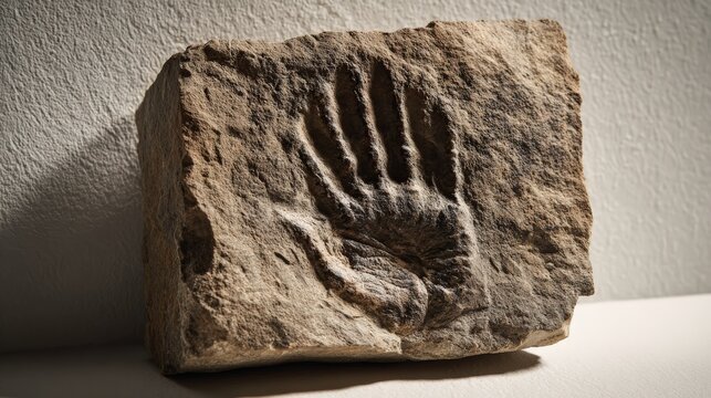 Handprint fossil embedded in stone displayed indoors with natural lighting