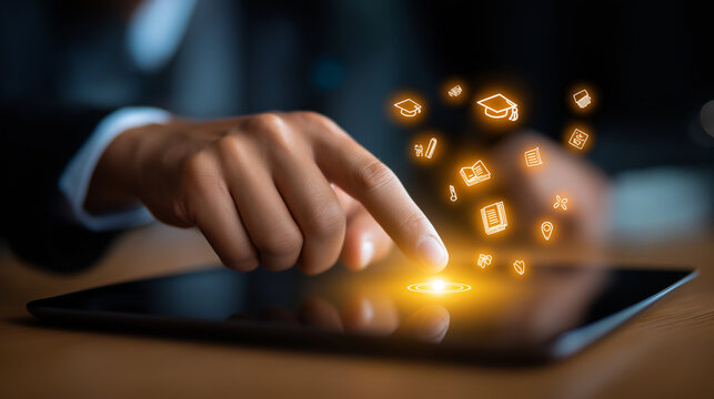 A vibrant e learning platform glows with digital books graduation caps and interactive screens a businessman pressing a central button that triggers waves of luminous education
