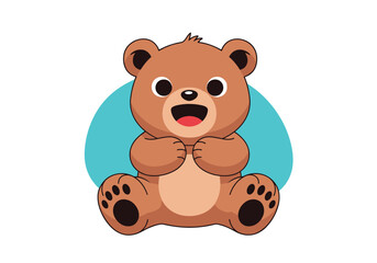 Obraz premium A cute cartoon teddy bear sits happily with its arms raised in front of a blue circle