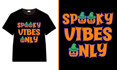 Spooky Vibes Only Halloween T‑Shirt, Retro Orange And Purple Lettering with Witch‑Hat Pumpkins