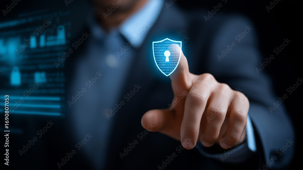 Poster a holographic cybersecurity dashboard glows with shield and lock icons data grids flashing behind as