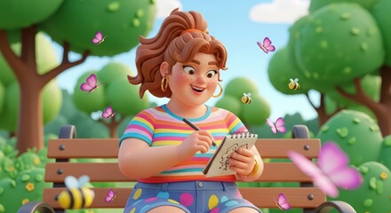 A cartoon woman drawing in a sketchbook while sitting on a park bench, surrounded by butterflies and bees. Creative hobby concept.