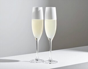 Fototapeta premium Two elegantly poised champagne flutes brimming with sparkling golden beverage, a toast to celebration and luxury
