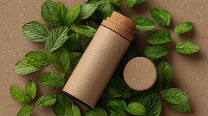 Eco-Friendly Packaging: Sustainable Container with Cork Lid & Natural Greens