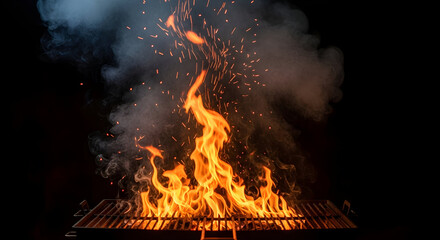 Intense Flames and Smoke Rising from a Grill Against a Black Background Displaying Heat