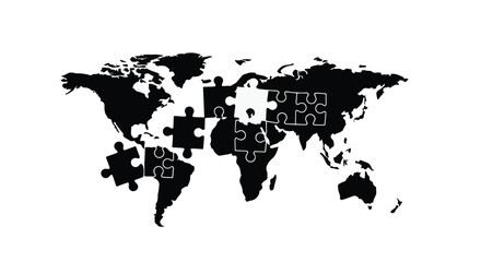 Global world map formed by interconnected puzzle pieces, symbolizing unity and connection.
