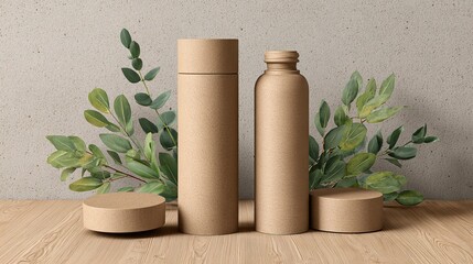 Eco-Friendly Packaging: Sustainable Product Mockup with Kraft Containers and Greenery