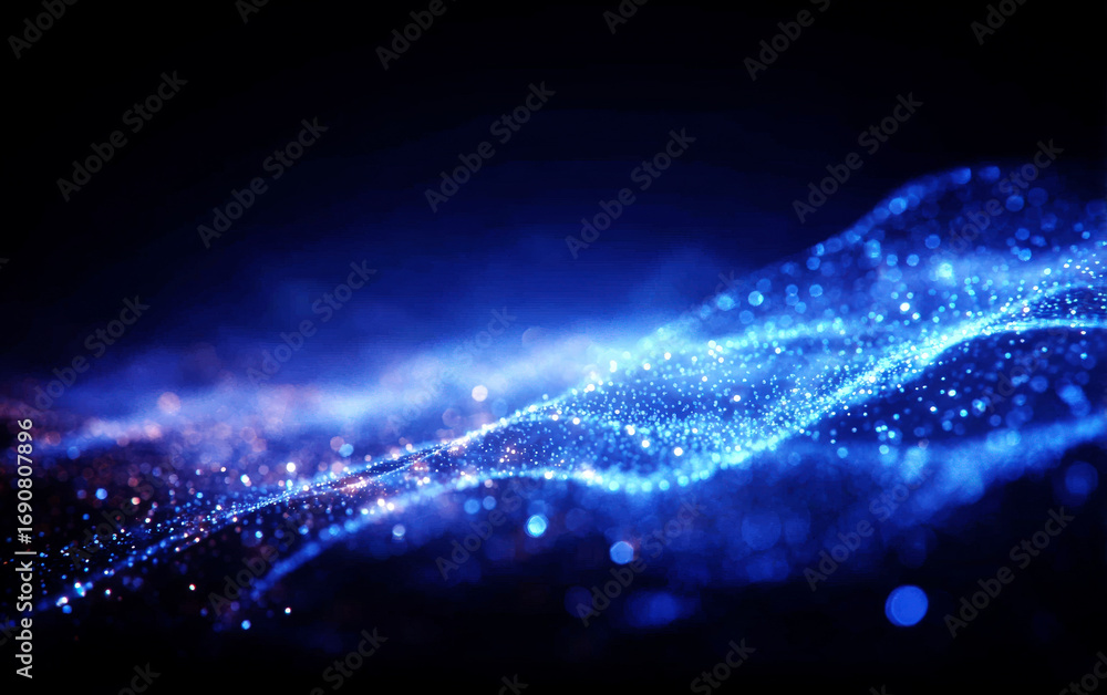 Poster Blue Glowing Particles Forming Abstract Wave Patterns