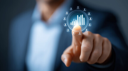 A glowing CRM interface projects customer analytics charts client profiles orbiting in holographic form as a businessman presses the central interaction button. The atmosphere ref