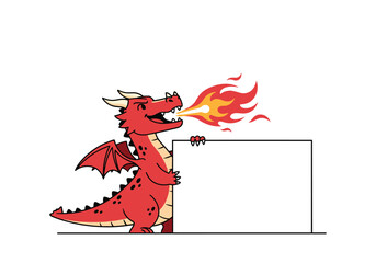Cartoon red dragon breathing fire holding blank sign for your message illustration