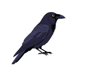 A lone black crow with bright yellow eyes perches on a branch against a white background